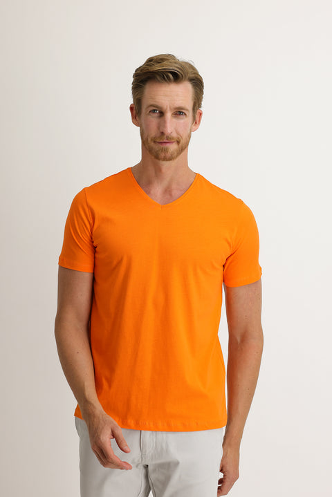 Açık Turuncu V Yaka Slim Fit Dar Kesim Pamuk Tişört