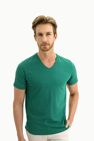  Fıstık Yeşili V Yaka Slim Fit Dar Kesim Pamuk Tişört