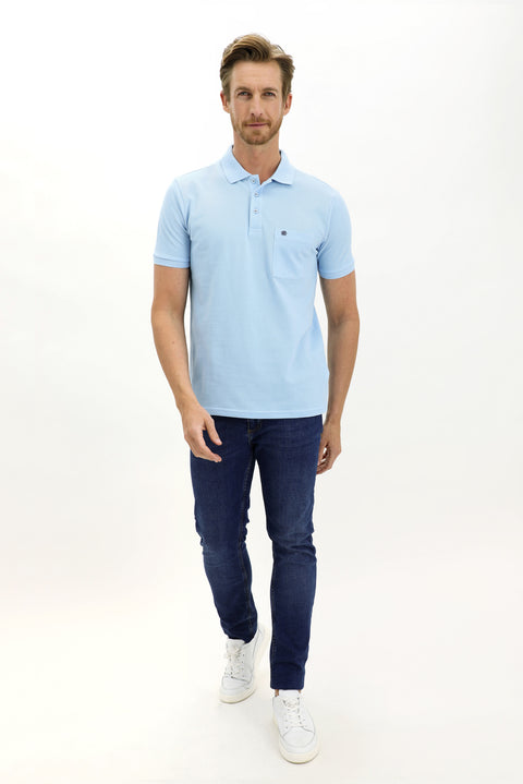 Uçuk Mavi Cepli Polo Yaka Regular Fit Nakışlı Pamuk Tişört