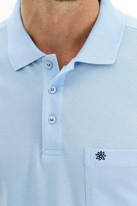 Uçuk Mavi Cepli Polo Yaka Regular Fit Nakışlı Pamuk Tişört