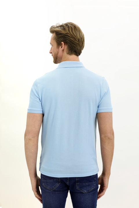 Uçuk Mavi Cepli Polo Yaka Regular Fit Nakışlı Pamuk Tişört