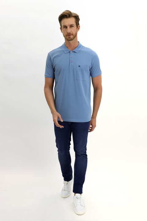 Gök Mavisi Cepli Polo Yaka Regular Fit Pamuk Tişört