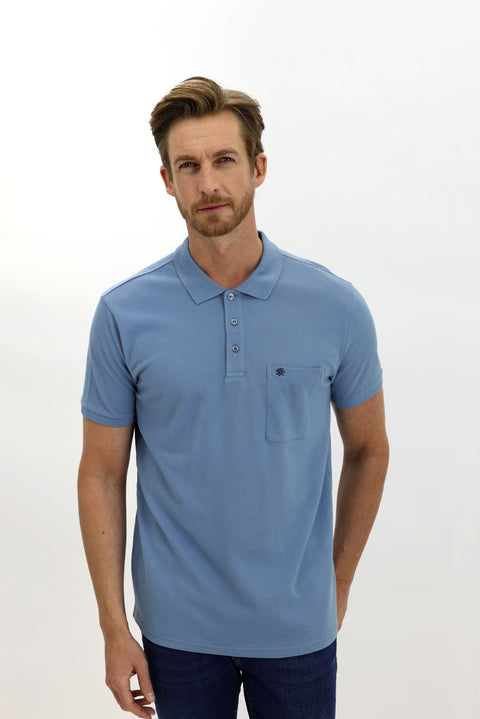 Gök Mavisi Cepli Polo Yaka Regular Fit Pamuk Tişört