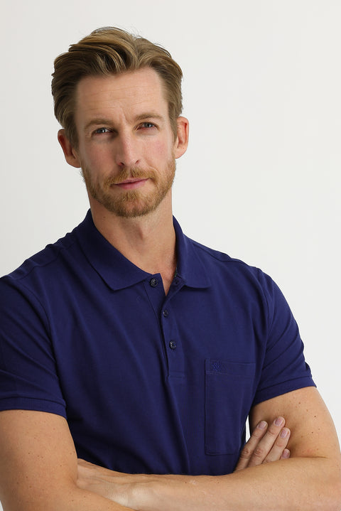 Saks Mavi Cepli Polo Yaka Regular Fit Nakışlı Pamuk Tişört