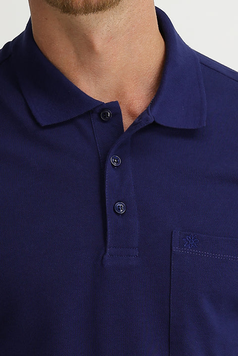 Saks Mavi Cepli Polo Yaka Regular Fit Nakışlı Pamuk Tişört