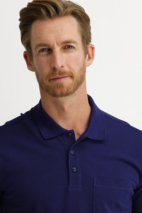 Saks Mavi Cepli Polo Yaka Regular Fit Nakışlı Pamuk Tişört