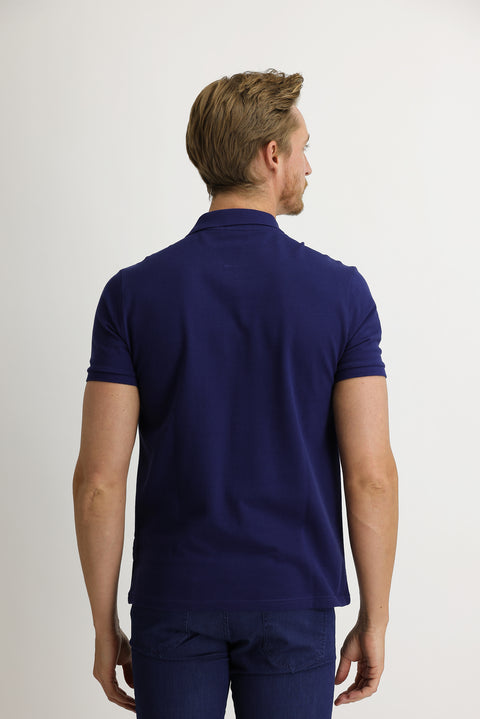 Saks Mavi Cepli Polo Yaka Regular Fit Nakışlı Pamuk Tişört