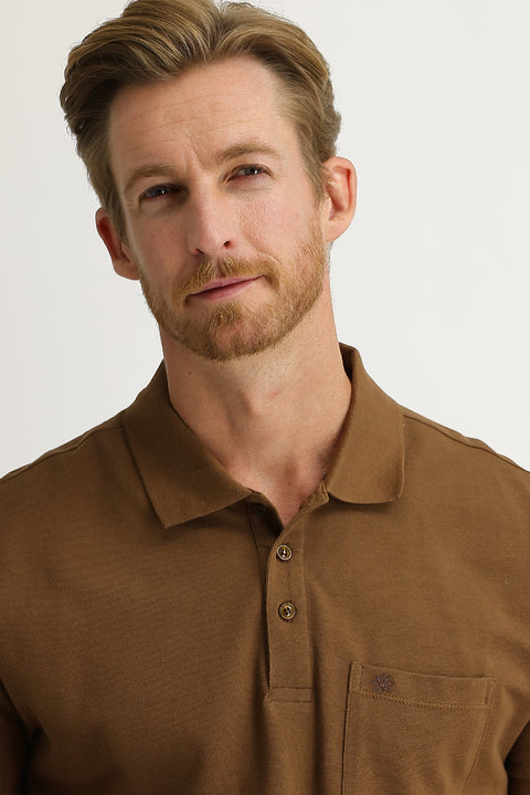 Orta Kahve Cepli Polo Yaka Regular Fit Nakışlı Pamuk Tişört