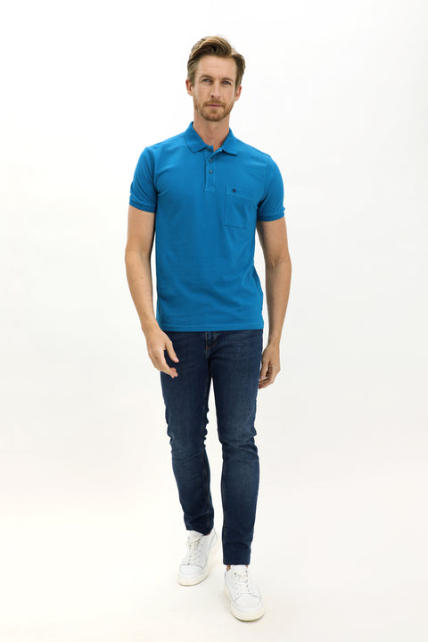 Petrol Yeşili Cepli Polo Yaka Regular Fit Nakışlı Pamuk Tişört