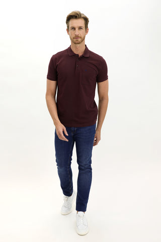  Koyu Bordo Cepli Polo Yaka Regular Fit Nakışlı Pamuk Tişört