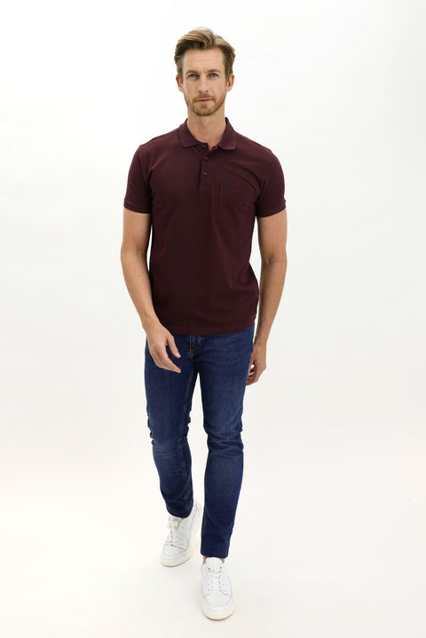 Koyu Bordo Cepli Polo Yaka Regular Fit Nakışlı Pamuk Tişört