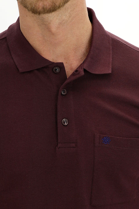 Koyu Bordo Cepli Polo Yaka Regular Fit Nakışlı Pamuk Tişört
