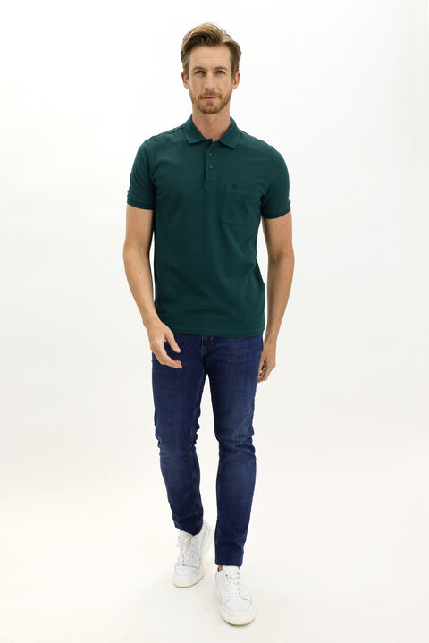 Zümrüt Yeşili Cepli Polo Yaka Regular Fit Nakışlı Pamuk Tişört