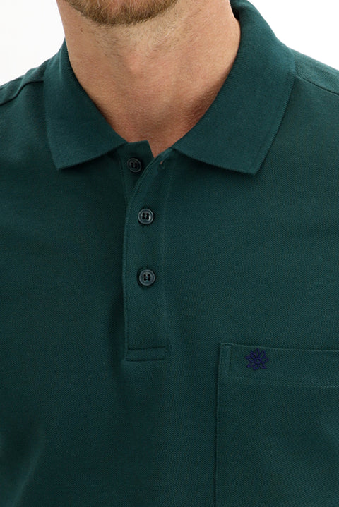 Zümrüt Yeşili Cepli Polo Yaka Regular Fit Nakışlı Pamuk Tişört