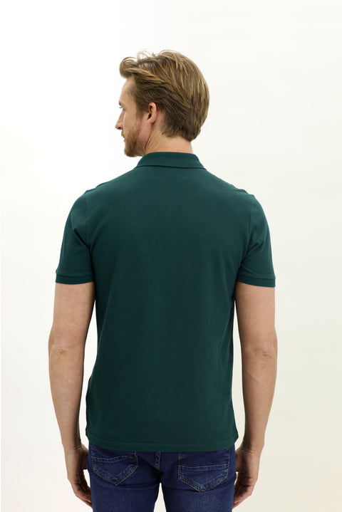 Zümrüt Yeşili Cepli Polo Yaka Regular Fit Nakışlı Pamuk Tişört