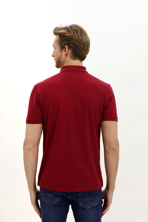 Koyu Kırmızı Cepli Polo Yaka Regular Fit Nakışlı Pamuk Tişört