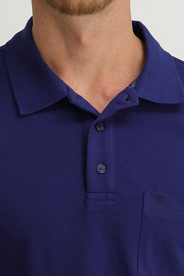 Saks Mavi Cepli Polo Yaka Regular Fit Nakışlı Pamuk Tişört