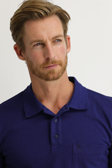 Saks Mavi Cepli Polo Yaka Regular Fit Nakışlı Pamuk Tişört