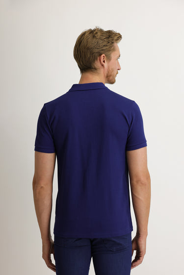 Saks Mavi Cepli Polo Yaka Regular Fit Nakışlı Pamuk Tişört