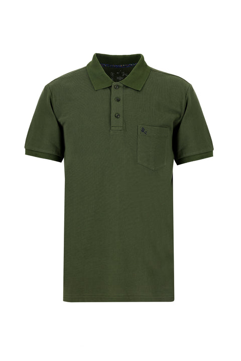 Orta Haki Cepli Polo Yaka Regular Fit Nakışlı Pamuk Tişört