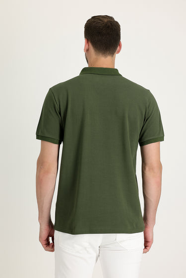 Orta Haki Cepli Polo Yaka Regular Fit Nakışlı Pamuk Tişört