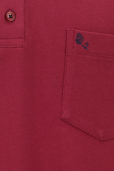 Wine Burgundy Pocketed Polo Collar Regular Fit Embroidered Cotton T-Shirt