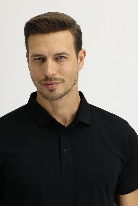Siyah Polo Yaka Regular Fit Pamuk Tişört