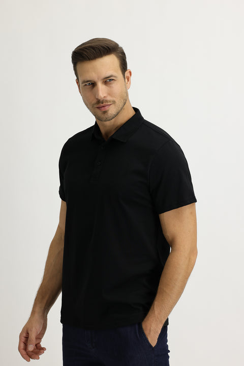 Siyah Polo Yaka Regular Fit Pamuk Tişört