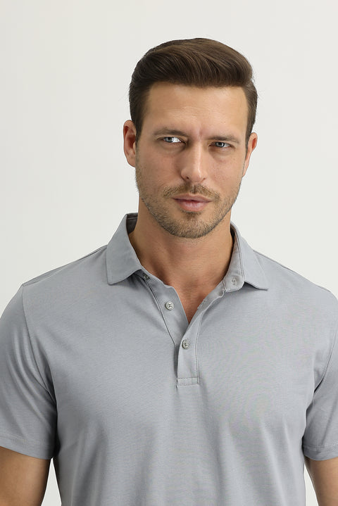 Orta Gri Polo Yaka Regular Fit Pamuk Tişört