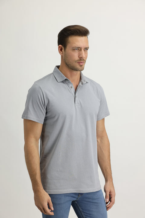 Orta Gri Polo Yaka Regular Fit Pamuk Tişört