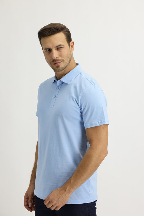 Uçuk Mavi Polo Yaka Regular Fit Pamuk Tişört