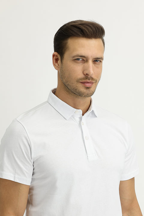 Beyaz Polo Yaka Regular Fit Pamuk Tişört
