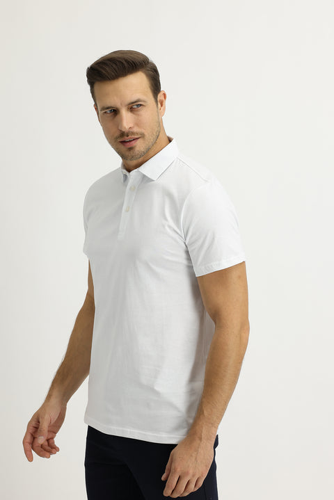 Beyaz Polo Yaka Regular Fit Pamuk Tişört