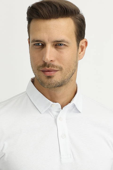 Beyaz Polo Yaka Regular Fit Pamuk Tişört