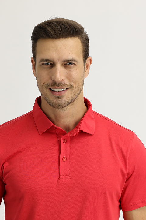 Coral Red Polo Collar Regular Fit Cotton T-shirt