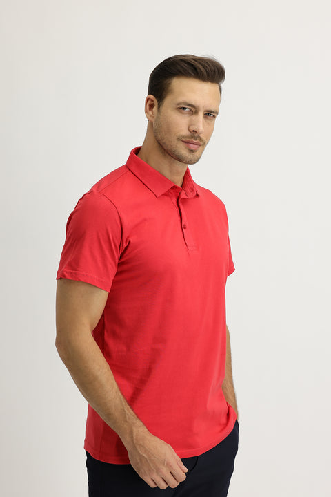 Mercan Kırmızı Polo Yaka Regular Fit Pamuk Tişört