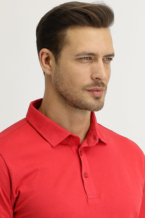 Mercan Kırmızı Polo Yaka Regular Fit Pamuk Tişört