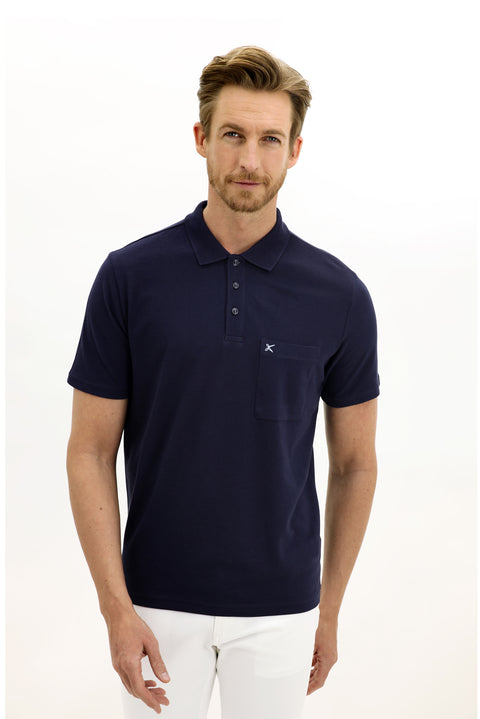 Medium Navy Polo Collar Regular Fit Embroidered Cotton T-Shirt