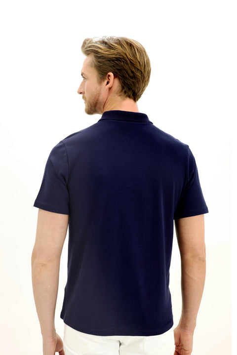 Medium Navy Polo Collar Regular Fit Embroidered Cotton T-Shirt