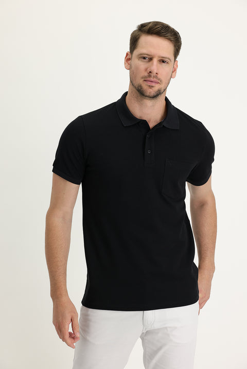 Siyah Cepli Polo Yaka Regular Fit Nakışlı Pamuk Tişört