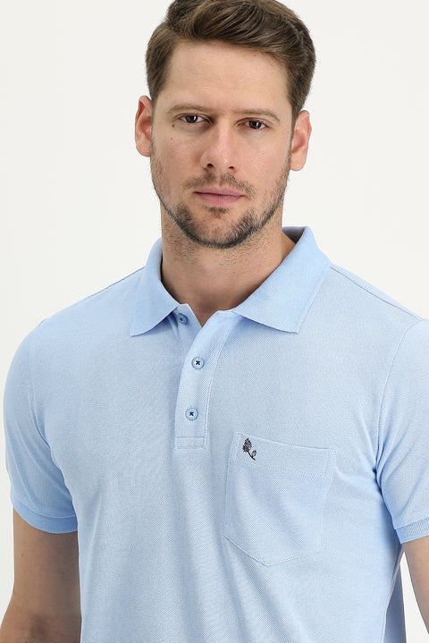Uçuk Mavi Cepli Polo Yaka Regular Fit Nakışlı Pamuk Tişört