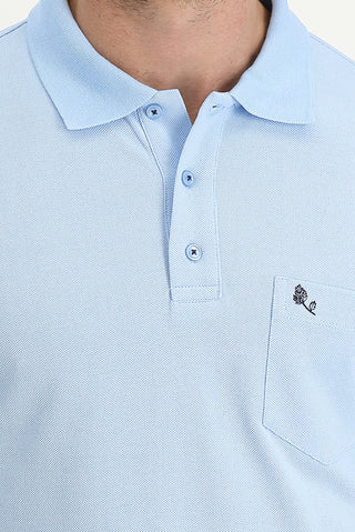  Uçuk Mavi Cepli Polo Yaka Regular Fit Nakışlı Pamuk Tişört