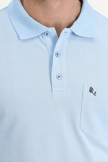 Uçuk Mavi Cepli Polo Yaka Regular Fit Nakışlı Pamuk Tişört