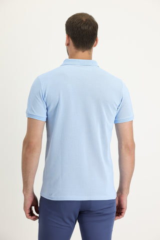  Uçuk Mavi Cepli Polo Yaka Regular Fit Nakışlı Pamuk Tişört