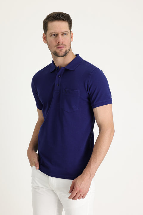 Saks Mavi Cepli Polo Yaka Regular Fit Nakışlı Pamuk Tişört