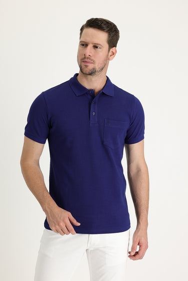 Saks Mavi Cepli Polo Yaka Regular Fit Nakışlı Pamuk Tişört