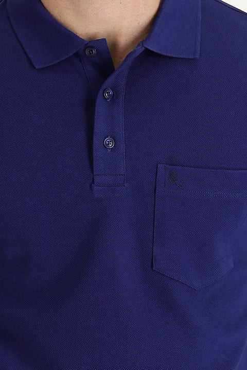 Saks Mavi Cepli Polo Yaka Regular Fit Nakışlı Pamuk Tişört