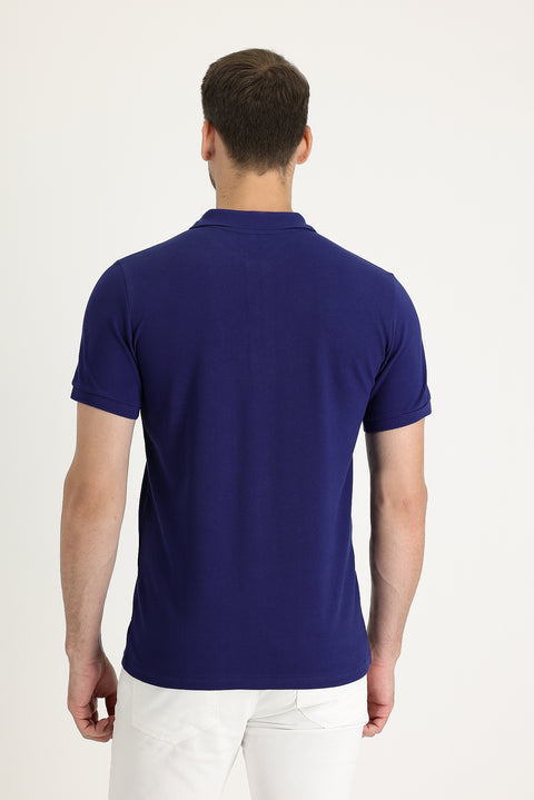 Saks Mavi Cepli Polo Yaka Regular Fit Nakışlı Pamuk Tişört