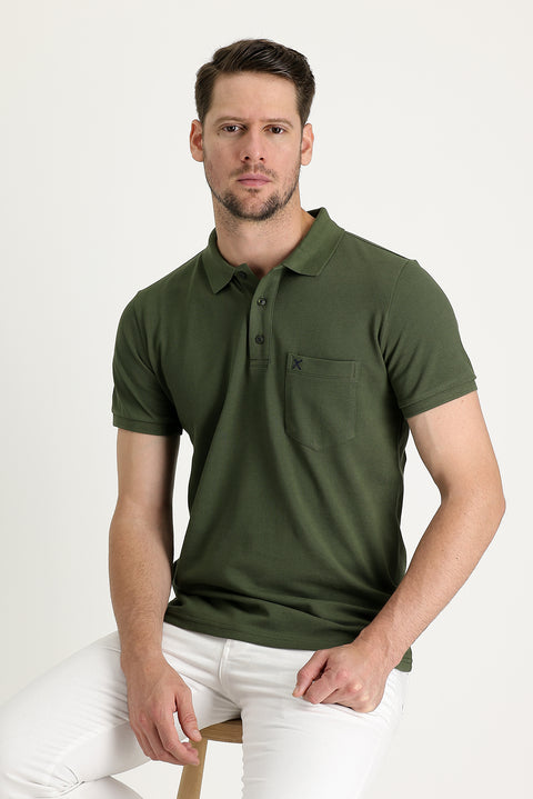 Asker Haki Cepli Polo Yaka Regular Fit Nakışlı Pamuk Tişört