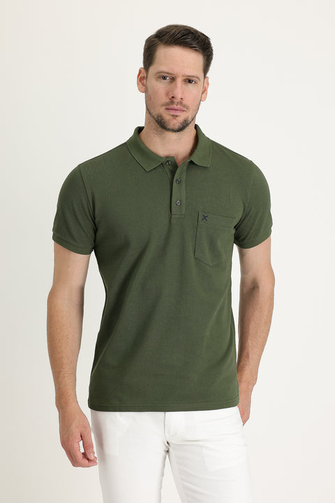 Asker Haki Cepli Polo Yaka Regular Fit Nakışlı Pamuk Tişört